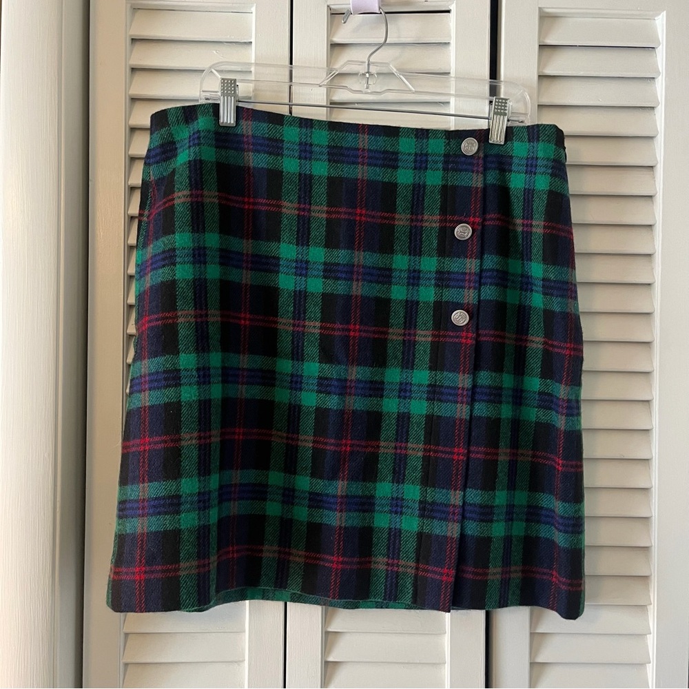 Talbots Festive Plaid Green, Red, and Blue Faux Wrap Skirt Size 16 Petite